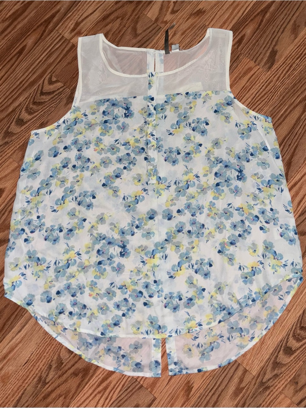 Sleeveless White Floral Chiffon Tank Top with Blue and Yellow Print